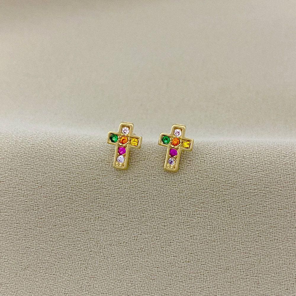 Brinco Cruz com Zircônia Colorida