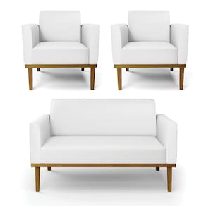 Sofá Namoradeira com 2 Poltronas Base de Madeira Fixa Castanho Marisa Corino Branco - D`Rossi