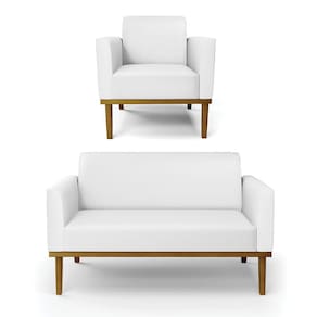 Sofá Namoradeira com Poltrona Base de Madeira Fixa Castanho Marisa Corino Branco - D`Rossi