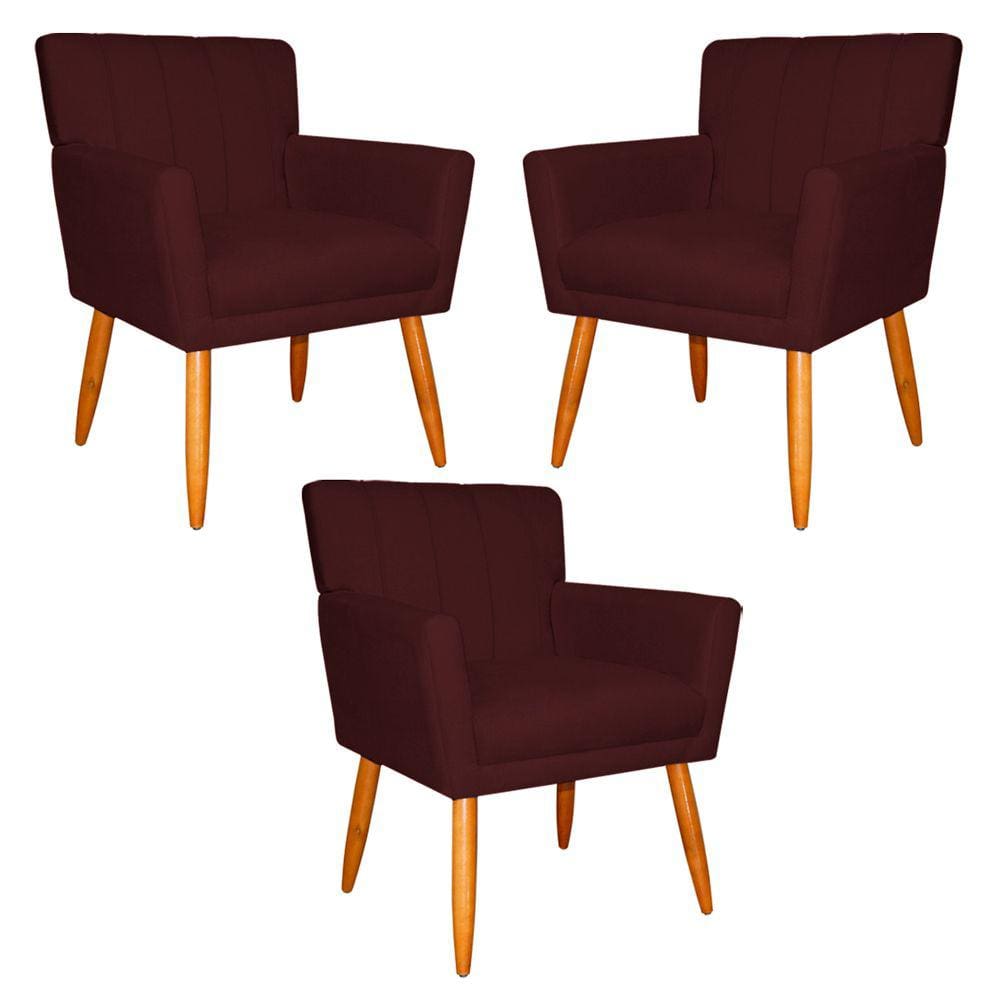 Kit 3 Poltronas Decorativa para Sala de Estar Cecília Suede Bordô - Montanaris Decor