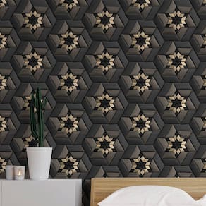 Papel de Parede 3D Auto Adesivo Geométrico Preto e Dourado Vinilico decorativo quarto sala 18m
