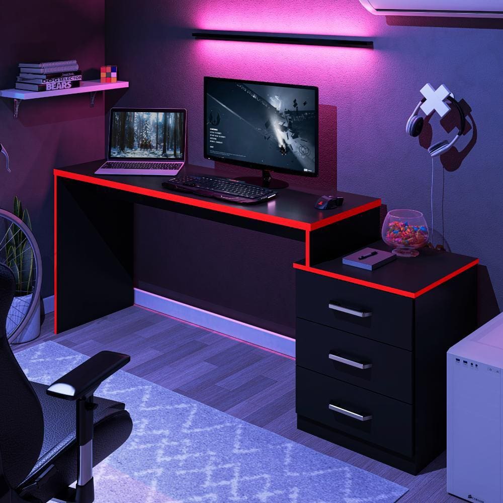 Mesa para Computador com 3 Gavetas Vijay Vrermelho
