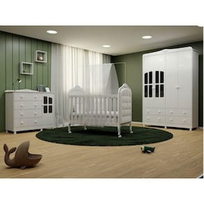 Quarto de Bebê Berço com Botões encapados Guarda Roupa e Cômoda com Janela Maya Clássico Espresso Móveis Branco Brilho/Sintético Branco