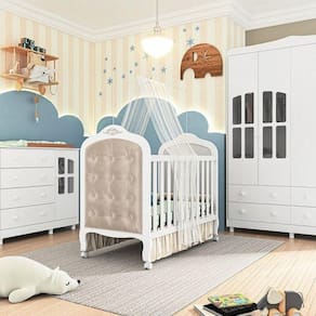 Quarto de Bebê Berço com Botões encapados Guarda Roupa e Cômoda com Janela Maya Clássico Espresso Móveis Branco Brilho/Pena Areia