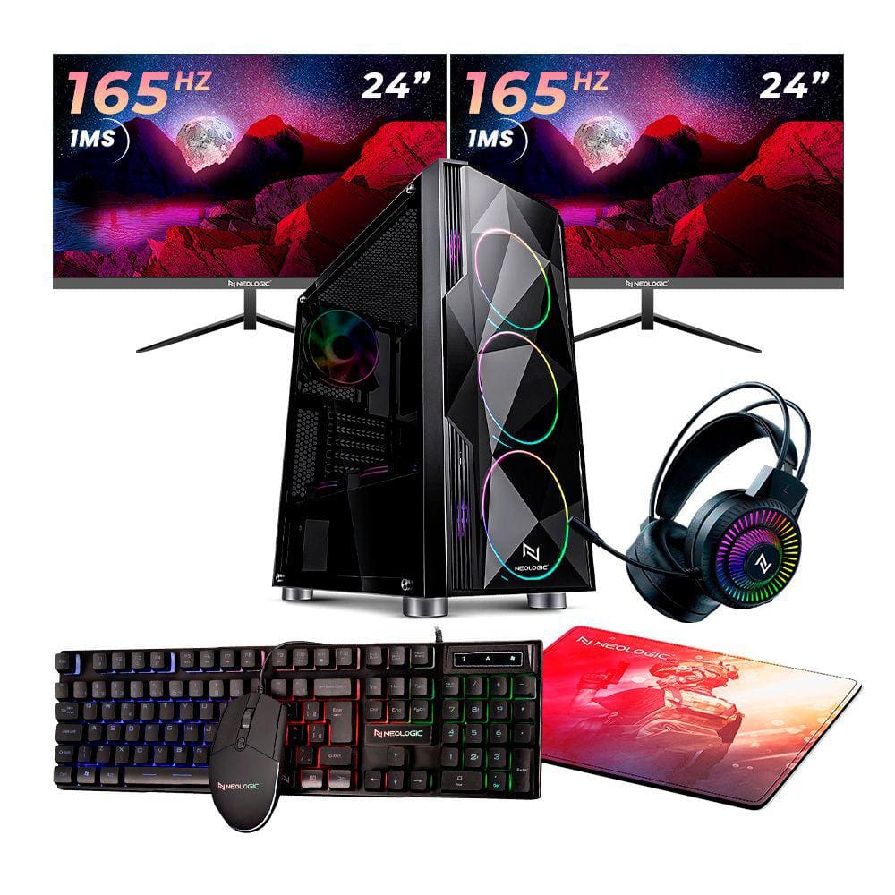 Pc Gamer Completo Neologic Streamer Nli83666 Intel I5 10400F 16Gb (Gtx1650  4Gb) Ssd 240Gb + Hd 1Tb 400W 80 Plus + 2 Monitores 21 + Cadeira - Faz a Boa!