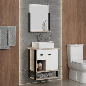 Gabinete Suspenso para Banheiro 54cm com Cuba em Mármore Sintético e Espelheira Denver Barrique/Br/Preto