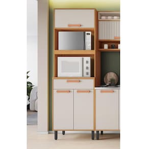 Paneleiro Torre Quente 3 Portas 1 Gaveta 2 Nichos para Forno e Microondas Nápoles Cinamomo/Off White