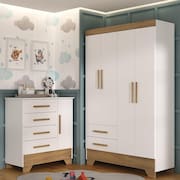 Quarto Infantil Completo Guarda Roupa 4 Portas 2 Gavetas com Cômoda Liz Espresso Móveis Branco Fosco/Marrom