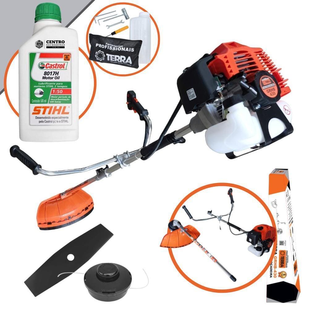Roçadeira Dobrável Bi-partida GRHB430 Terra Á Gasolina 2T 43cc 1,7Hp 12.000RPM Alta Rotação Completa Com Lâmina Facão e Carretel Nylon + ÓLEO STIHL