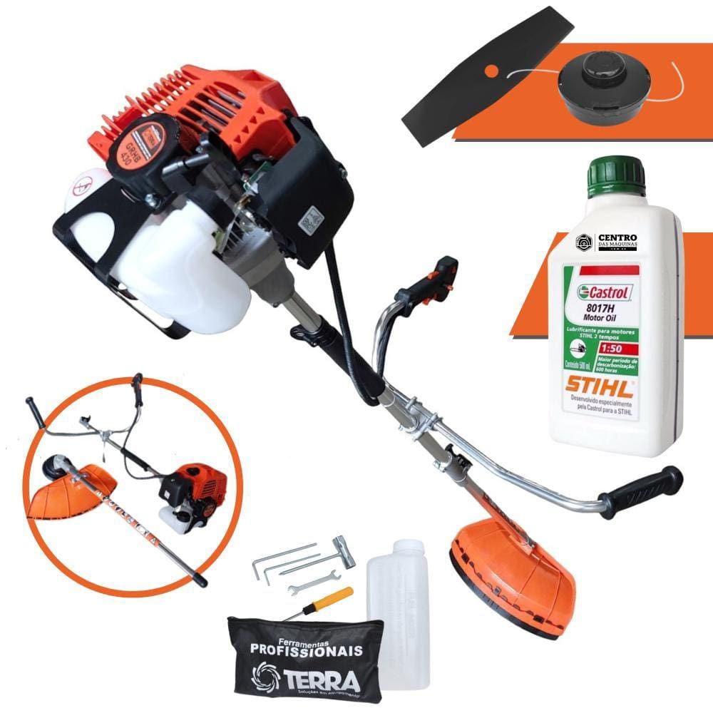 Roçadeira Á Gasolina 43cc Terra GRHB430 Á Gasolina 2T 1,7Hp 12.000rpm Com Eixo Bipartido Desmontável Lâmina 2 Pontas e Carretel Nylon + ÓLEO STIHL