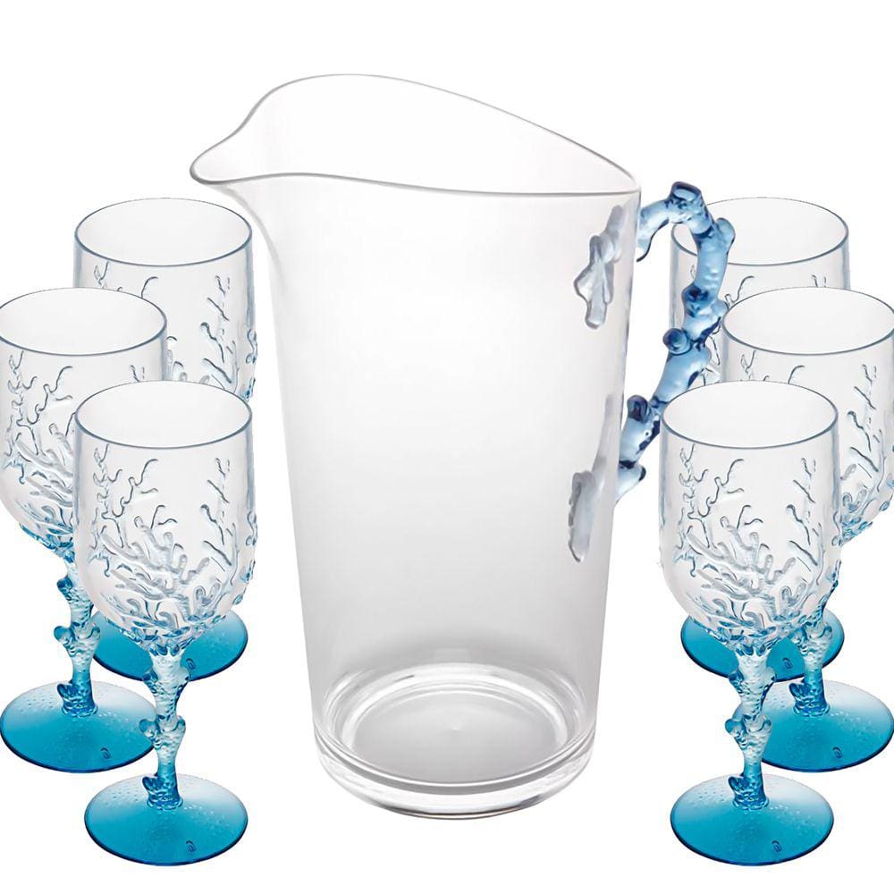 Conjunto Jarra 2,4 Litros Com 6 Taça De Acrílico Coral Azul Wolff