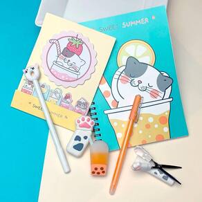 Kit Kawaii Gato Bubble Tea - Conjunto Papelaria Fofa 7 Itens