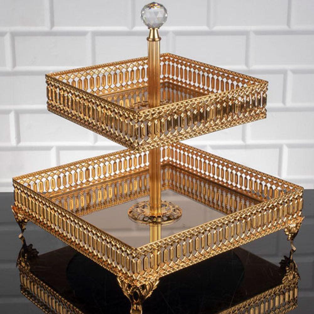 Doceira Turca Quadrada de 2 andares em Metal Dourado - 28899