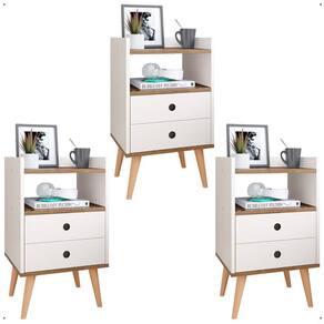 Kit 3 Mesas Cabeceira Dream Jogo Mesinha Decorativa Lateral Cama Decoração Quarto Casal Solteiro - Off White/Freijó - RPM Móveis