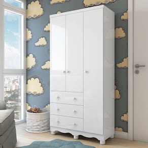 Guarda Roupa Infantil 3 Portas e 3 Gavetas 100% MDF Mimo Branco Brilho