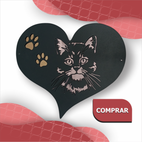 Quadro Gato Coração 38x32 Preto / Bronze / Rosa Espelhado