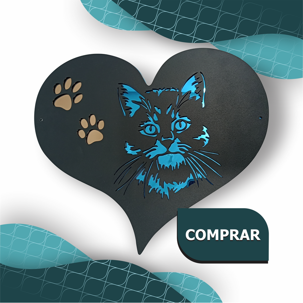 Quadro Gato Coração 38x32 Preto / Bronze / Azul Esp.