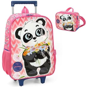 Kit Mochila Rodinhas Lancheira Luxcel Up4You Panda Rosa