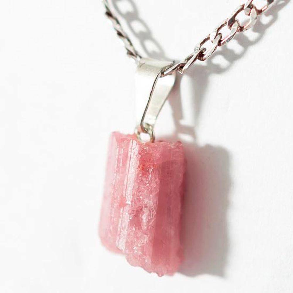 Colar Canudo de Turmalina Rosa na prata 950 Pino e Presilha