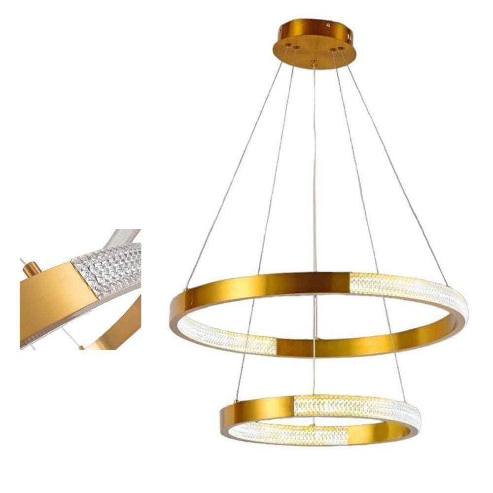 Lustre Luminaria Arco 2 Aneis Cristal Led Pedente 52w Dourado Casa Sala De Estar Restaurante