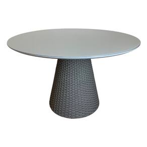 Mesa De Jantar Cone Redonda 110cm Tampo Laqueado Cinza + Vidro Base Corda Náutica Cinza