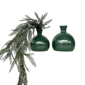 Dupla vaso bola redondo verde liso com planta moderna caída