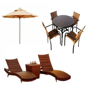 Kit 4 Cadeiras e Mesa Ascoli, 2 Espreguiçadeiras Bona e Mesa com Ombrelone Piscina, Jardim, Área Trama