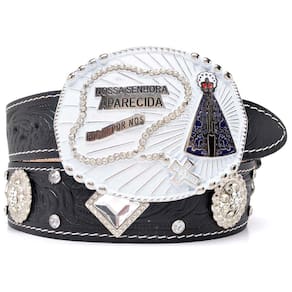 Cinto Couro Feminino Fivela Redonda Terço Nossa Senhora de Aparecida Detalhes Strass Brilho
