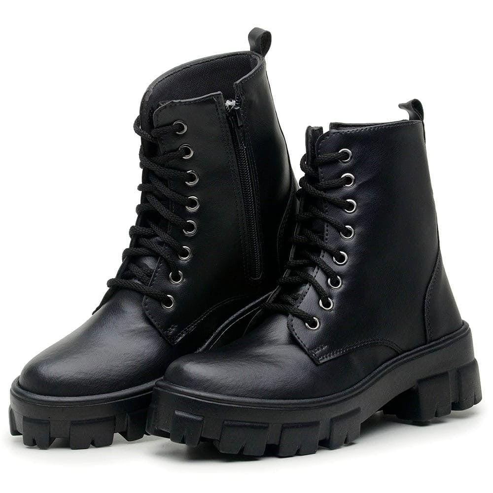 Bota Coturno Plataforma Tratorada Feminina Militar Cadarço e Ziper Sola Borracha Palmilha EVA