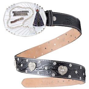 Cinto Couro Feminino Fivela Nossa Senhora De Aparecida Terço Strass Boiadeira Muladeiro