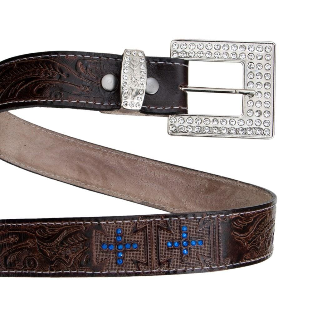 Cinto Boiadeira Couro Fivela Quadrada de Strass Texturizado Detalhe Cruz Festa do Peao Muladeiros