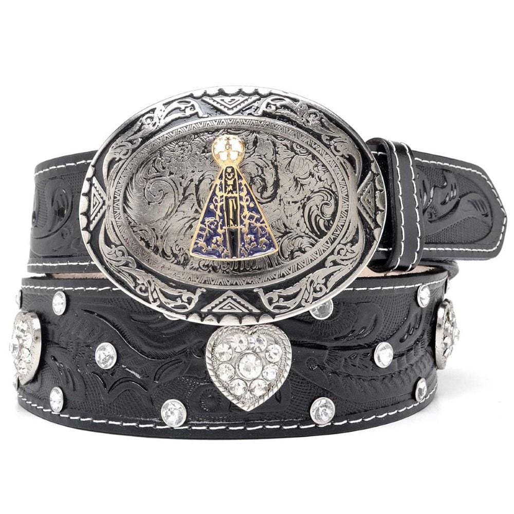 Cinto Couro Feminino Fivela Redonda Nossa Senhora de Aparecida Com Apliques Texturizado