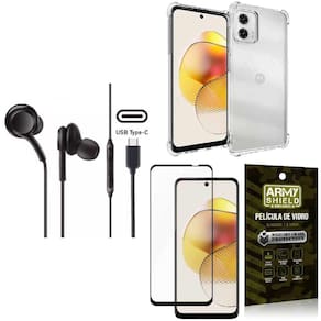 Capinha Moto G73 + Fone de Ouvido Intra Auricular Preto + Película 3D