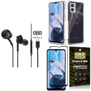 Capinha Moto E22 + Fone de Ouvido Intra Auricular Preto + Película 3D