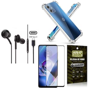 Capinha Moto G54 + Fone de Ouvido Intra Auricular Preto + Película 3D