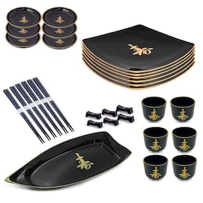 Kit 6 Pessoas Jogo Comida Japonesa Barca Guinomi Prato Preto