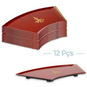 Kit Com 12 Prato Sushi Sashimi Tray Leque Vermelho