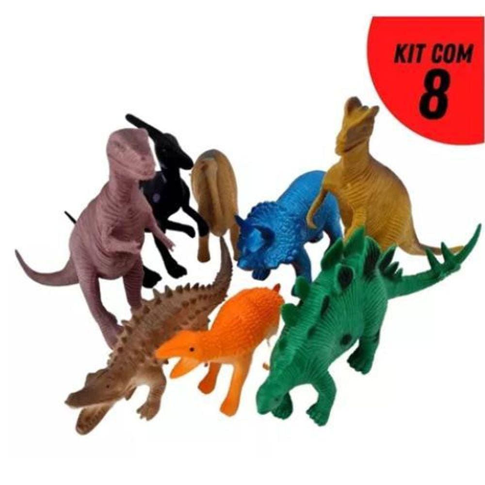 Kit Brinquedo Coleção Dinossauro Borracha 8 Peças Diferentes