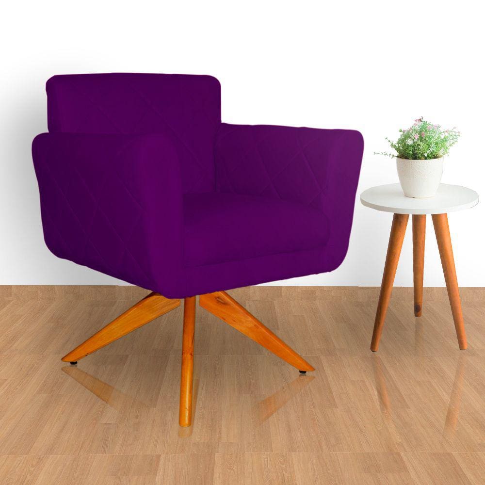 Kit 2 Poltronas Estofada Base Giratória De Madeira Sala Isabella Veludo Roxo - LM DECOR