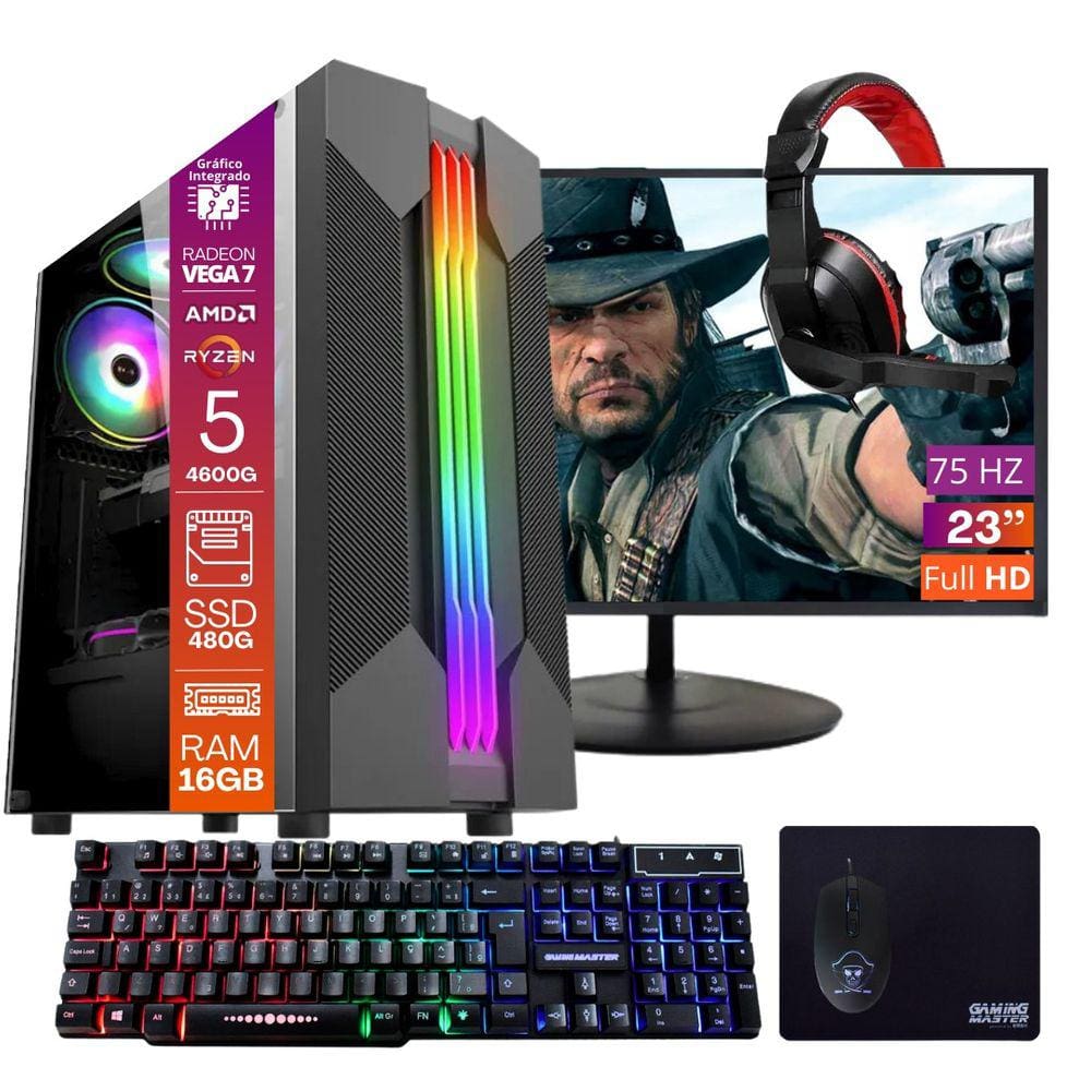 Computador Gamer Ryzen 5 SSD 480GB 16GB 4GB Windows 10 Pro Trial, Teclado/Mouse, Mouse Pad, Headset, Monitor 23"