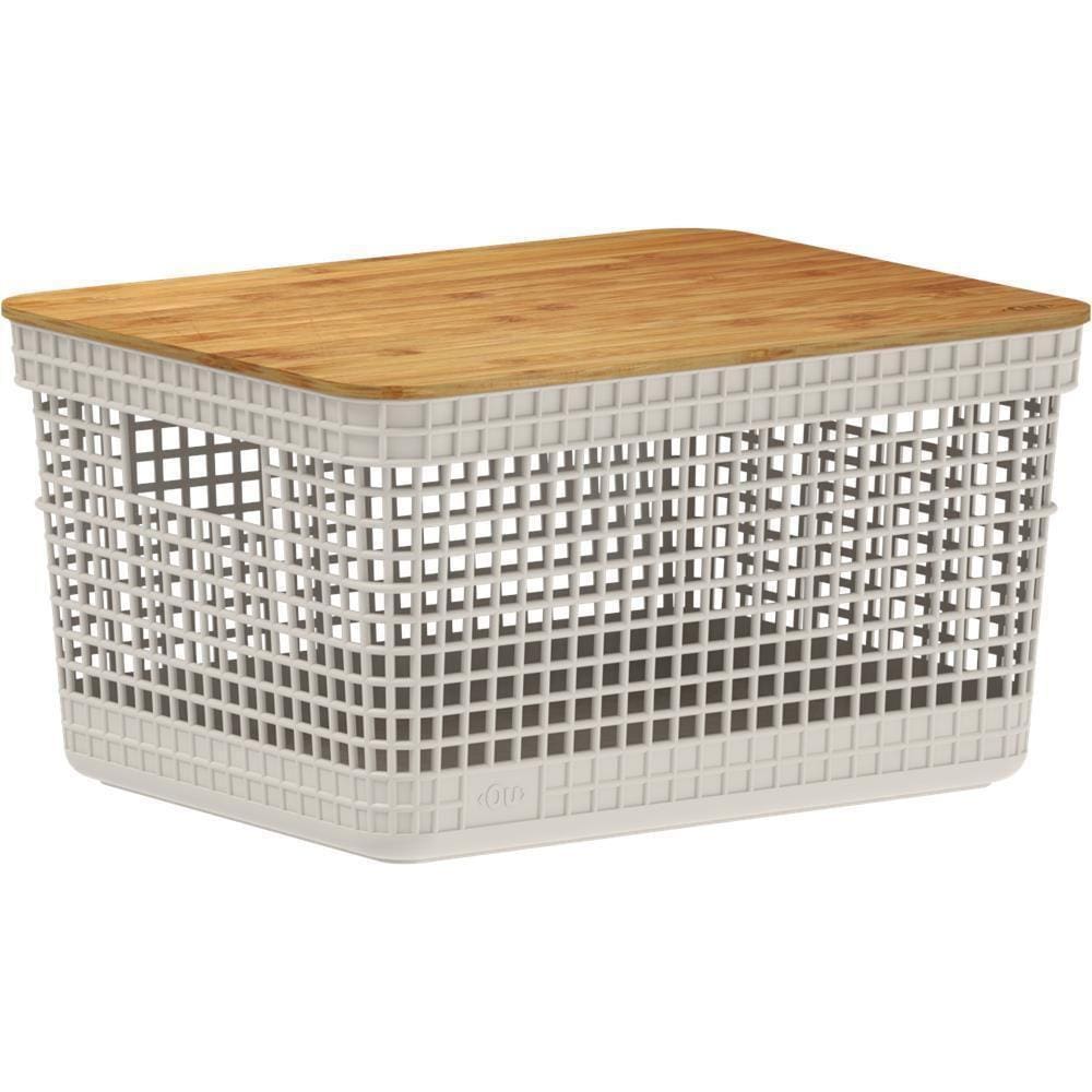 Cesto Organizador Grid Com Tampa De Bambu 8L Bege - Ou