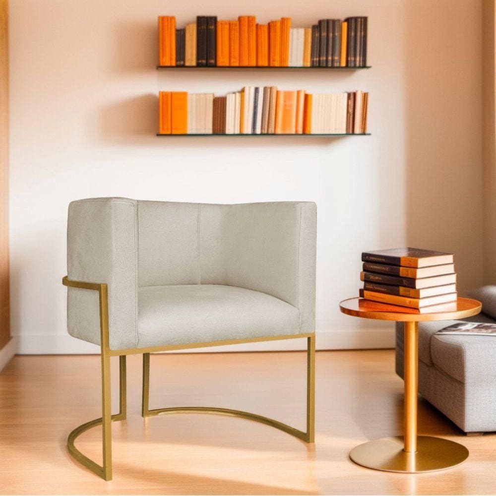 Poltrona Decorativa Base de Ferro Suede Munique Bege/Dourado