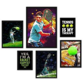 Quadros Decorativos Esporte Tênis - Kit 6 quadros, Moldura Preta, Vidro Protetor