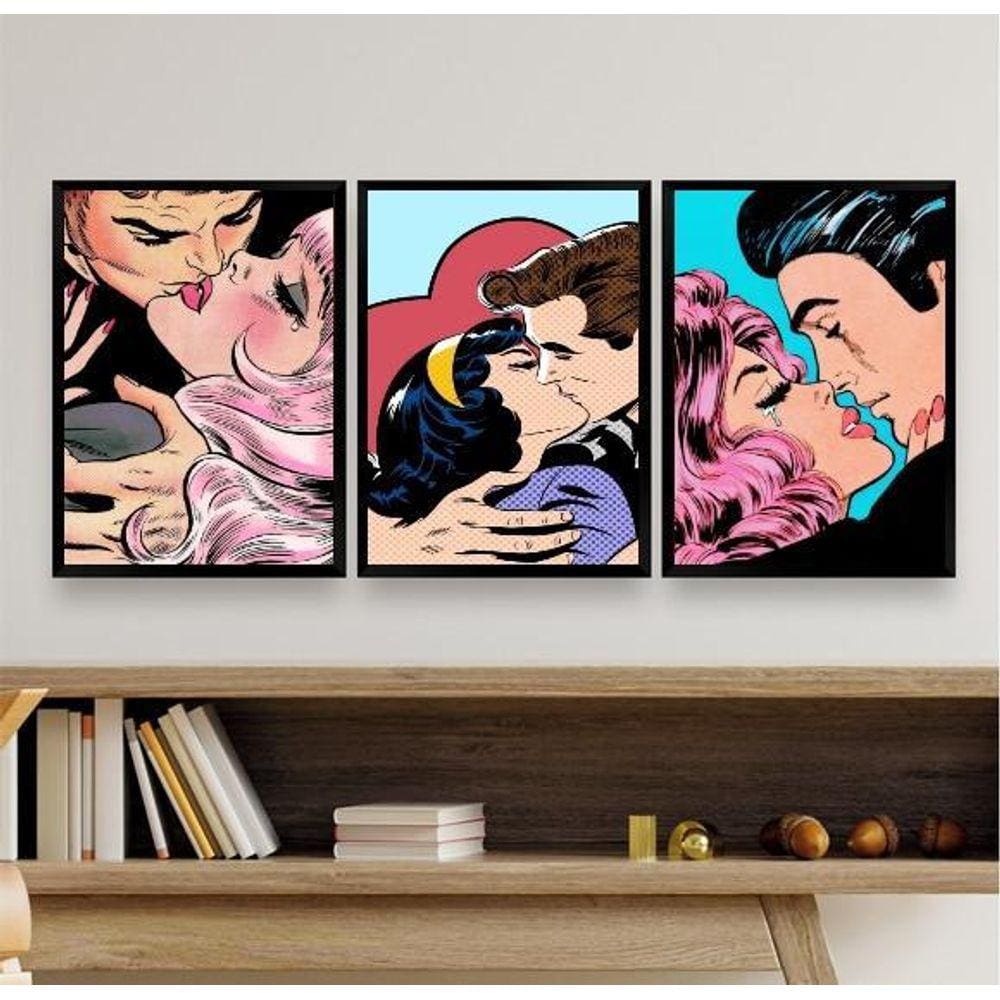 Kit 3 Quadros Beijo Pop Art - Casais 33x24cm, Moldura Preta
