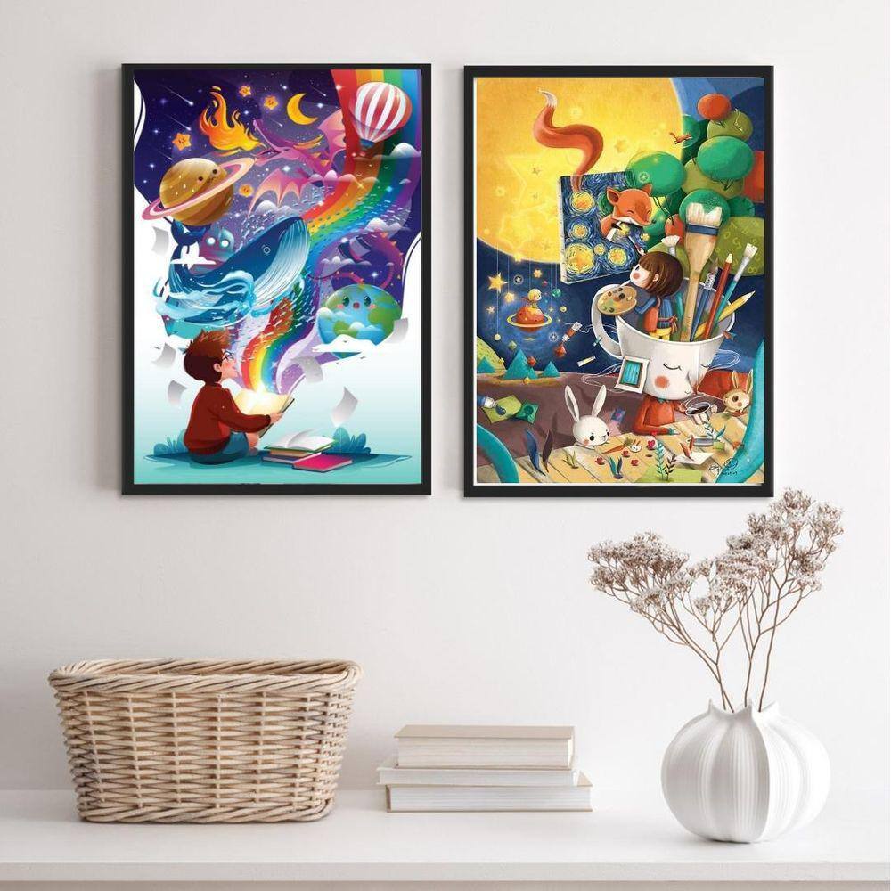 Kit 2 Quadros Infantis Mundo da Imaginação 33x24cm - Com Vidro
