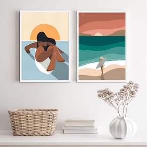 Kit 2 Quadros Bohos Mulher Surf 33x24cm - Madeira Preta