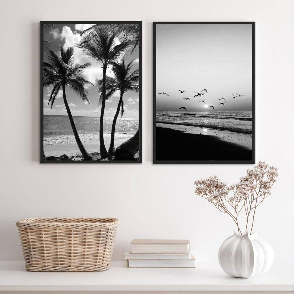 Kit 2 Quadros Decorativos Praia P&B 24x18cm - Vidro, Moldura Branca