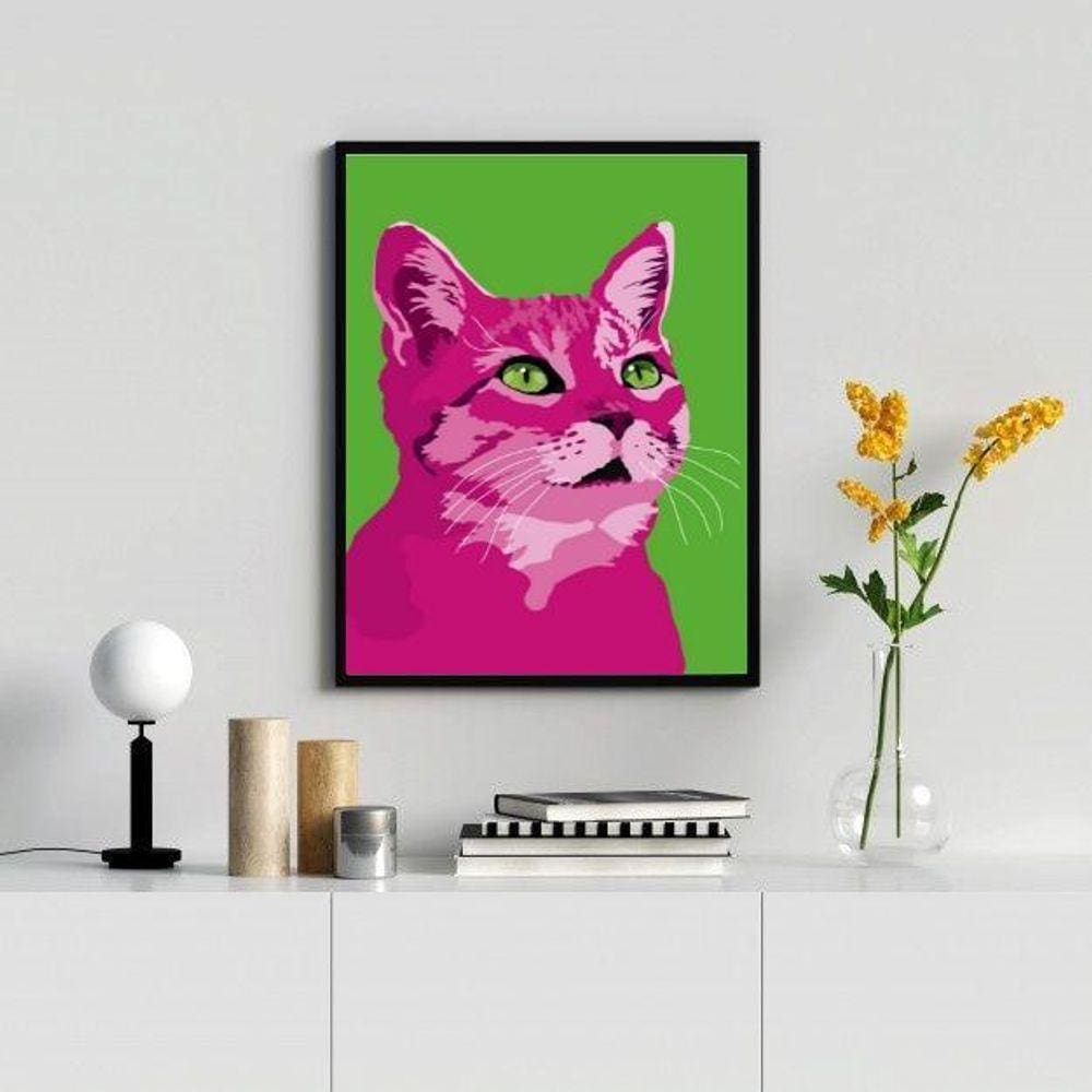 Quadro Decorativo Gato Rosa Pop Art 45x34cm - Moldura Branca