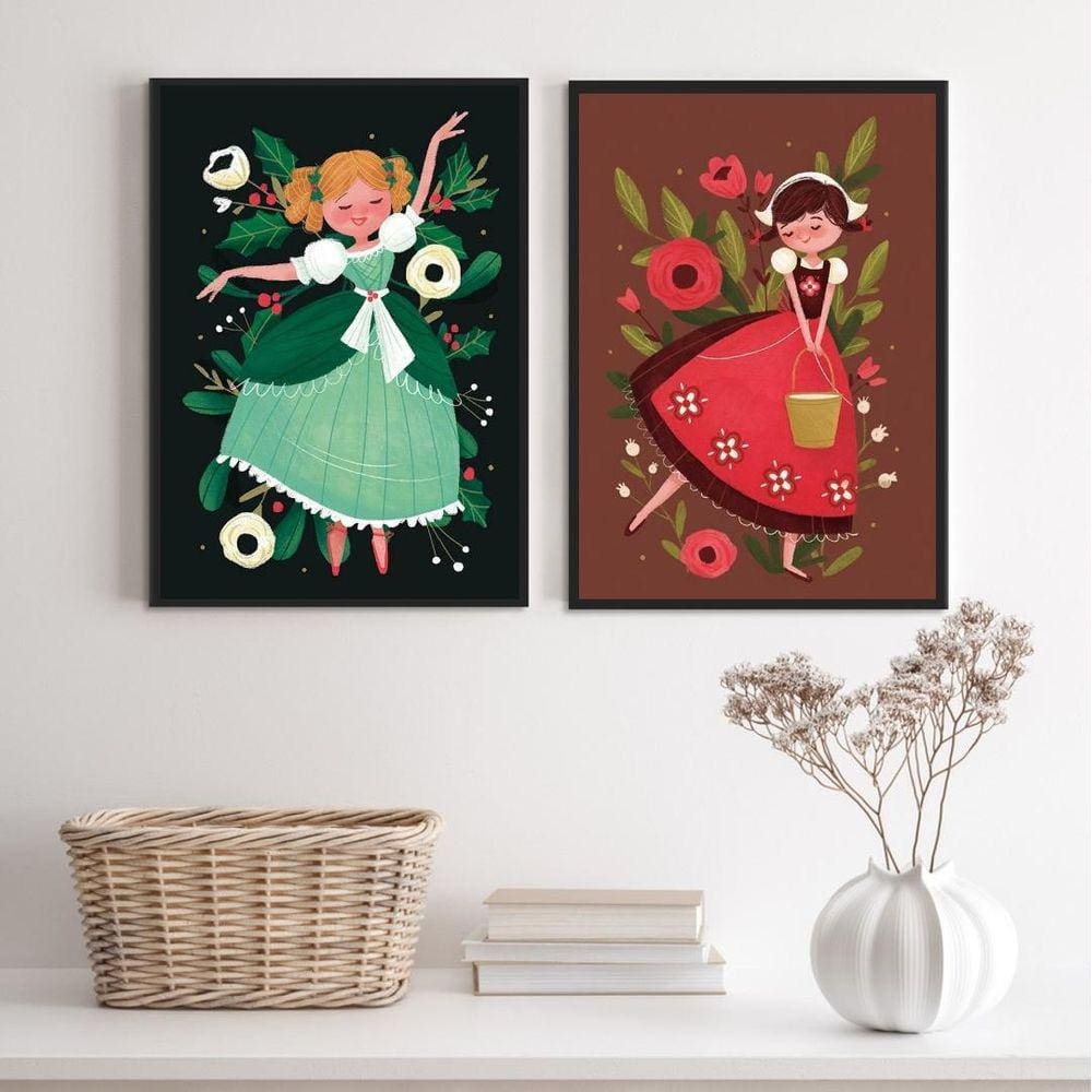 Kit 2 Quadros Infantis Retrô Menina 45x34cm - Madeira Branca