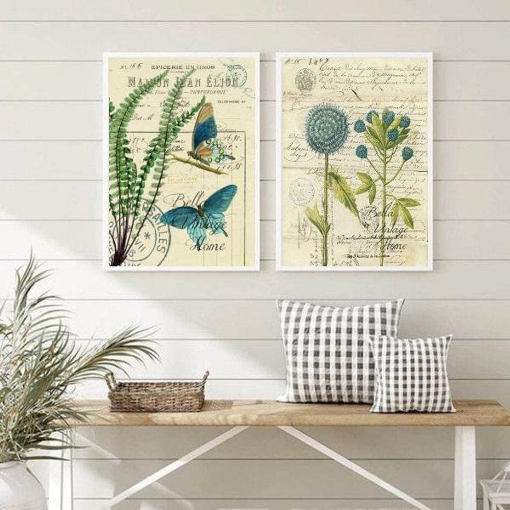 Quadros Botânica Vintage Borboletas Azuis 24x18cm - Vidro e Moldura Preta